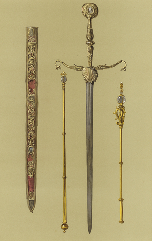 The Regalia of Scotland, The Sceptre, The Sword of State and Scabbard, and Lord High Treasurer's Mace (chromolitho)