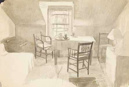The Artist's bedroom at The Queens Hotel, Ambleside, c.1941 (w/c over pencil with highlights in pen & ink)