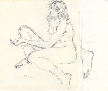 A seated female nude, almost in profile to left (graphite on paper)
