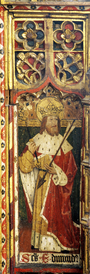 St Edmund, detail of the rood screen, St Catherine's Church, Ludham, Norfolk, UK (tempera on wood)