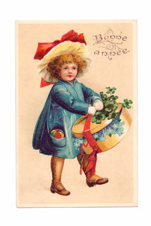 Edwardian postcard of a child carrying a hat box, c.1910 (colour litho)