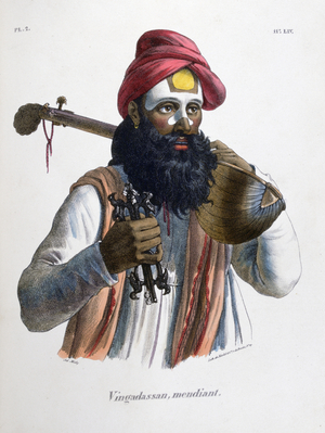 Mendicant musician carrying a stringed instrument similar to a lute. Hand-coloured lithograph from 'L'Inde francaise', Paris, 1828. 