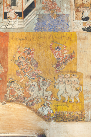 Frescoes adorning the walls of wat Bo depicting scenes from the Reamker, Siem Reap, Cambodia (photo)