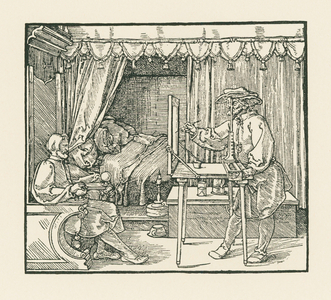 An artist drawing a seated man on to a plane of glass through a sight vane, 1525 (woodcut)