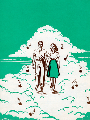 Couple Walking in Clouds Surrounded by Musical Notes, 1942 (colour litho)