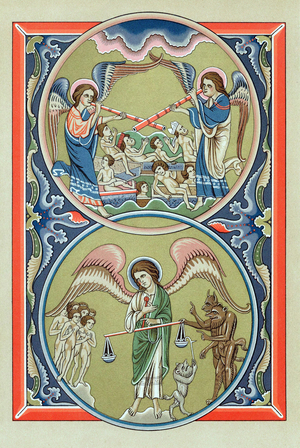 Resurrection of the dead and weighing of souls at the Last Judgement. 13th century Psalter (chromolithograph)