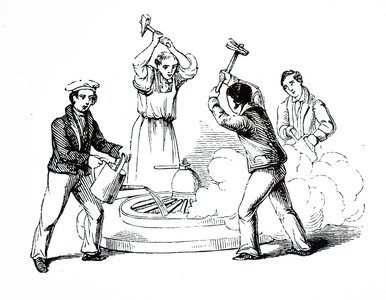 An engraving depicting the fitting of an iron tyre wheel, 19th century