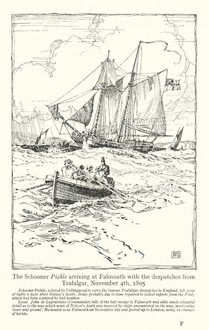 The Schooner Pickle arriving at Falmouth with the despatches from Trafalgar, 4 November 1805 (litho)