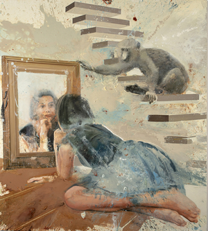 Mirror girl with baboon, 2023 (oil on canvas)