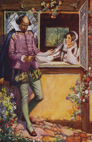 Shakespeare reading some lines to Anne Hathaway (colour litho)