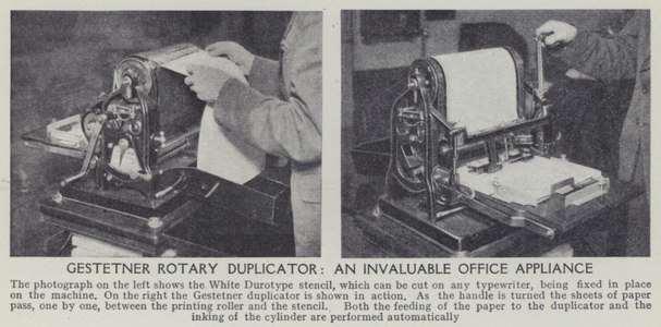 Gestetner rotary duplicator, An invaluable office appliance (b/w photo)