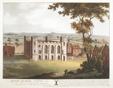 View looking across grass to the ruins of Acton Burnell in Shrewsbury. A large country house to the right of the ruined castle; a chapel on the left; trees and a ruined building in the foreground; trees and fields stretching to the horizon; Shrewsbury in the distance. Engraved 'Proof' in the lower right-hand corner. The arms of the Smythe family in the centre of the engraved text. A long inscription to the right of the arms describes the history of Acton Burnell and its owners.