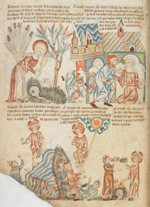 Five miracles of Christ's infancy: the miraculous spring provides water for the Virgin Mary, the Christ child revives a boy who has fallen from a tower, while the father offers a vessel to Mary; Christ climbs a mountain of water; Christ seated on a sunbeam; Christ mends broken pots.
