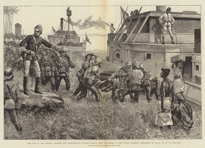 The War in the Soudan, starting for Khartoum, Sir Charles Wilson, with an Escort of the Sussex Regiment, embarking at Gubat, to go up the Nile (engraving)