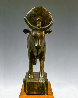 Egyptian art: Cow-Hathor and Padisematawi, schist, Tell Abu Yassin, XXVI Dynasty (sculpture)