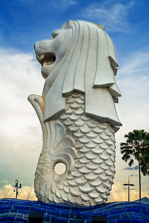 Merlion Lion, Symbol of Singapore, & Water Spout, Singapore Harbour or Harbor, Singapore (photo)