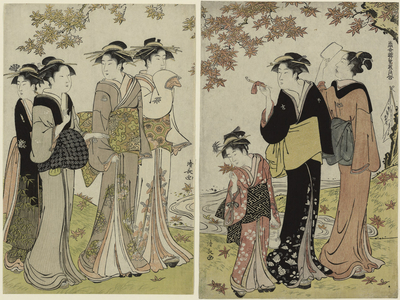 Beauties Under a Maple Tree, from the series "A Collection of Contemporary Beauties of the Pleasure Quarters, 1779-89 (colour woodblock print; oban diptych)