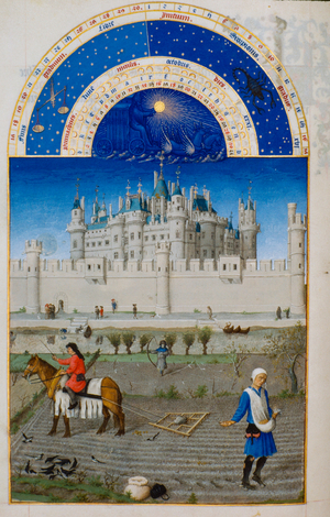 A 14th-century illustration depicts the Louvre after spires are added. Artwork dra..., 1980s (photo)