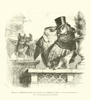 Madame la Duchesse chante un nocturne avec Monsieur le Duc, et dans ces moments la, elle n'entend pas qu'on la derange (engraving)