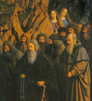 The Hermits guided by St. Christopher from the right side of the Ghent Altarpiece, 1432 (oil on panel)