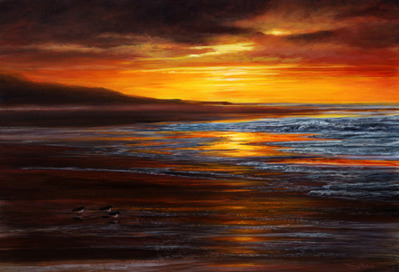 Autumn sunset with oystercatchers, 2022 (acrylic)