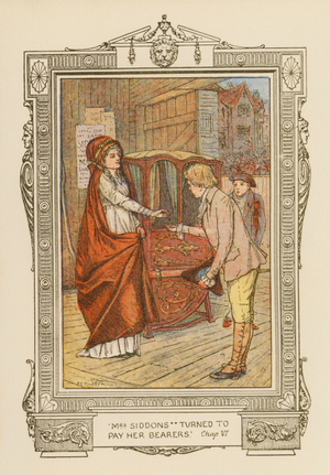 'Mrs Siddons turned to pay her bearers' (colour litho)