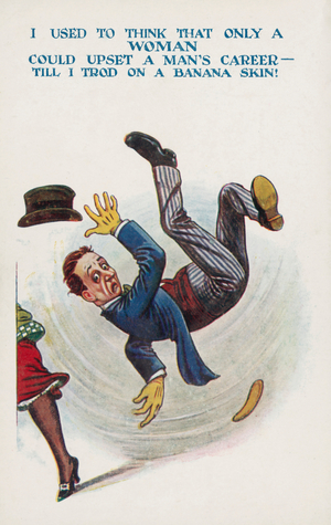Man slipping on a banana skin (colour litho)