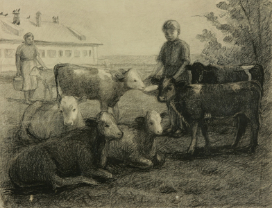 Feeding the Calves in the Kolkhoz, 1950s (litho)
