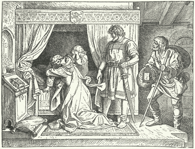 Margaret of Sicily, daughter of the Holy Roman Emperor Frederick II, leaving her sons after discovering the adultery of her husband, Albert the Degenerate, Margrave of Meissen, 1270 (engraving)