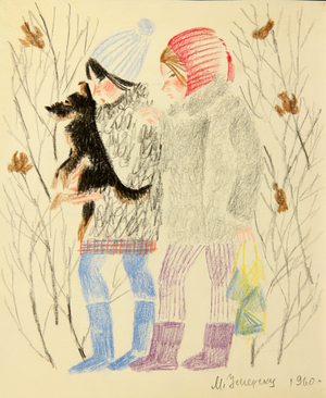 Two Girls with Dog, 1960 (colour pencil on paper)