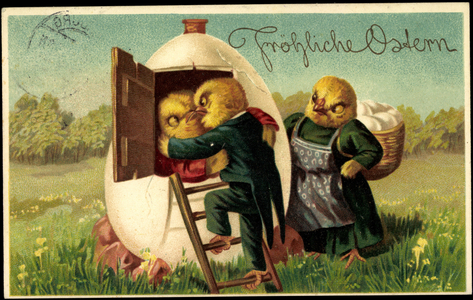 Artist Congratulations Easter, Chick, Egg House, Basket