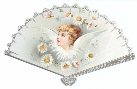 A Victorian die cut New Year card in the shape of a fan with an image of a, c.1880 (colour litho)