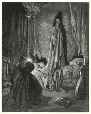 Gustave Dores Don Quixote: "'Bless me!' cried she, 'what is this?'" (engraving)