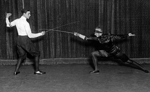 Helene Mayer and Emilio Salafia foil fencing, 1920s (b/w photo)