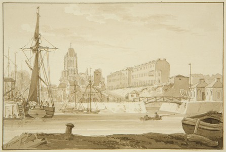 Redcliffe Church and Redcliffe Parade from the Sea Banks, showing the Prince Street Bridge toll houses, 1820 (pencil & watercolour on paper)