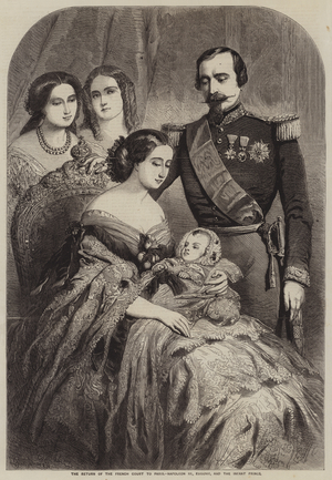 The Return of the French Court to Paris, Napoleon III, Eugenie, and the Infant Prince (engraving)