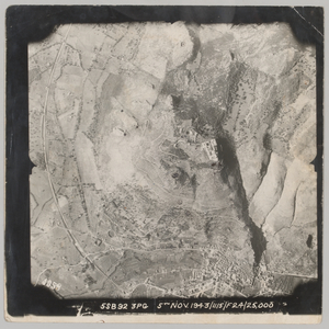 Aerial view of the monastery and town at Cassino, 1944 (b/w photo)