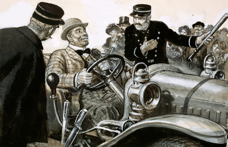 Boxer Jack Johnson at the wheel of a racing car (gouache on paper)