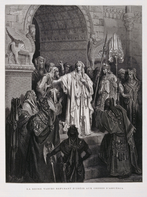 Queen Vashti refuses to appear for the King, Illustration from the Dore Bible, 1866