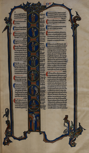Historiated initial 'I' with eight roundels of the days of creation and the crucifixion, with a full bar border containing bords and animals, at the beginning of Genesis.