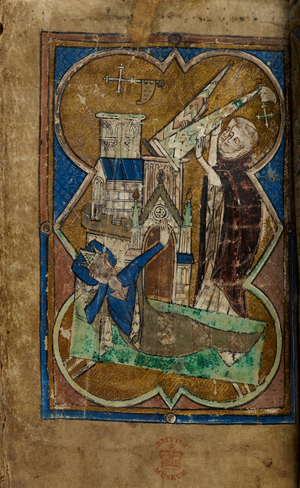 Full-page miniature of the dream of Pope Innocent III with Dominic and another friar (possibly Francis) supporting the collapsing basilica of Saint John Lateran