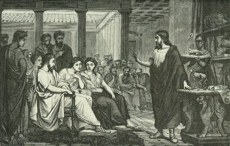 Galen (Claudius Galenus c130-201 AD) Greek physician who moved to Rome and became physician to three emperors. Galen lecturing on anatomy in the Temple of Peace, Rome. Artist's reconstruction published Paris, 1866.