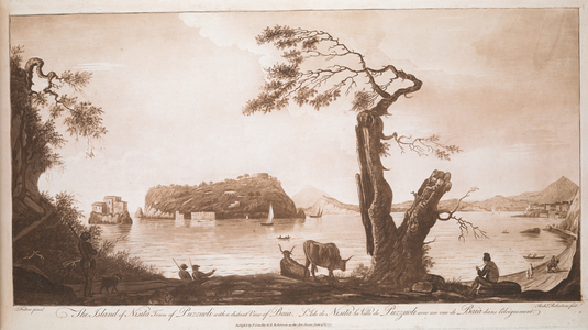 A shepherd and a group of hunters rest by the sea in the foreground, with the Island of Nisida in the background on the left and a beach, a view of Pozzuoli and Baia on the right