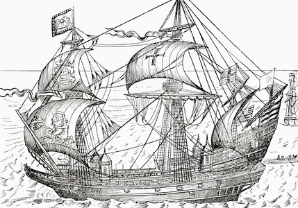 16th century warship.  From A First Book of British History published 1925.