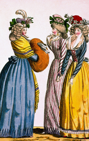 Woman fashion at the time of French Revolution , 1792, engraving