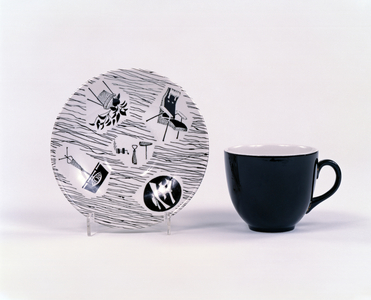 'Homemaker' cup and saucer, 1956-57 (machine printed glazed earthenware)