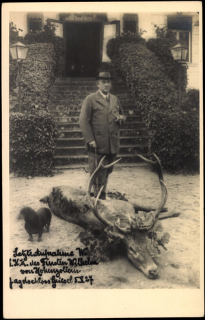 Prince Wilhelm von Hohenzollern after the hunt (b/w photo)