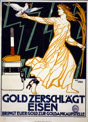 Woman representing Peace, carrying a dove and a gold palm, strides away from the block from which she has been freed by gold hammer. Gold Breaks Iron Bring your gold to a gold dealer. Poster c1919. Lithograph.