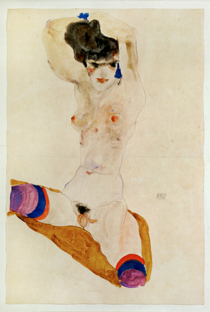 Sitzendes nacktes Maedchen mit ueber dem Kopf … (watercolour and pencil)