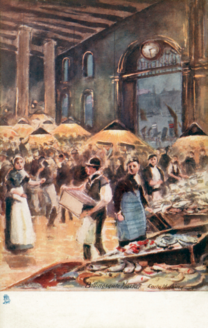 Old London: Billingsgate Market, early morning (colour litho)